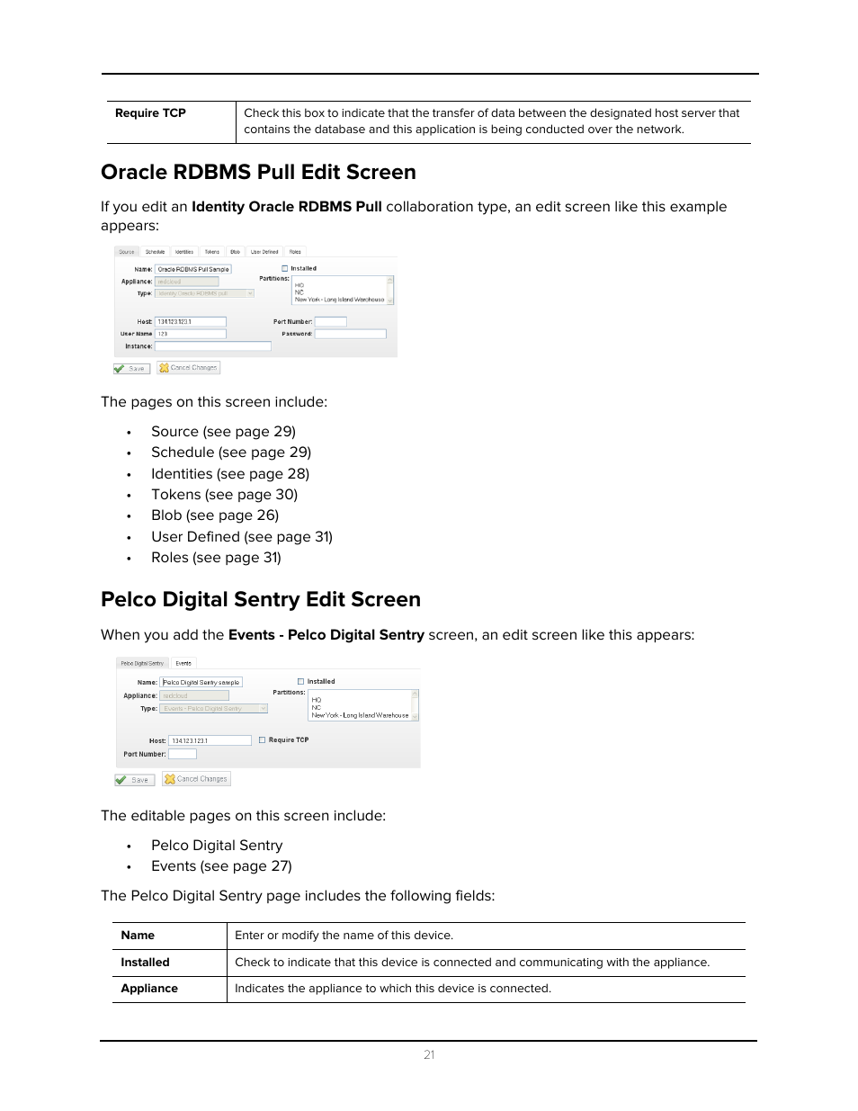 Oracle rdbms pull edit screen, Pelco digital sentry edit screen | Avigilon Access Control Manager - Collaboration User Manual | Page 26 / 36