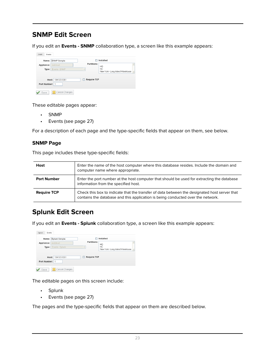 Snmp edit screen, Splunk edit screen | Avigilon Access Control Manager - Collaboration User Manual | Page 28 / 36