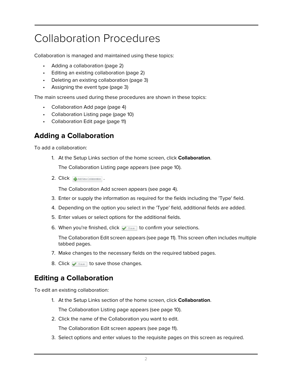 Collaboration procedures, Adding a collaboration, Editing a collaboration | Adding a collaboration editing a collaboration | Avigilon Access Control Manager - Collaboration User Manual | Page 7 / 36