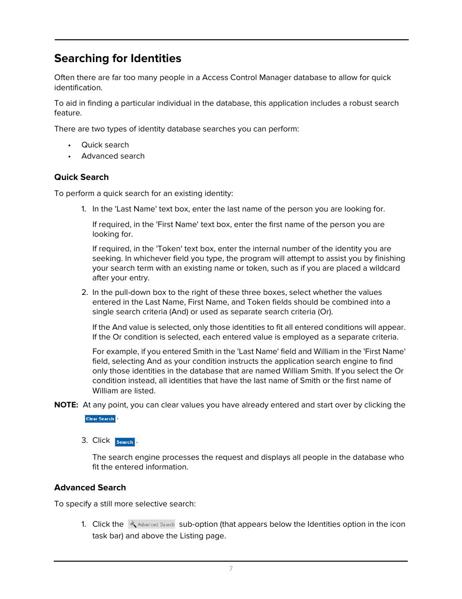 Searching for identities, Quick search, Advanced search | Quick search advanced search | Avigilon Access Control Manager - Identity Enrollment and Credentialing User Manual | Page 11 / 60