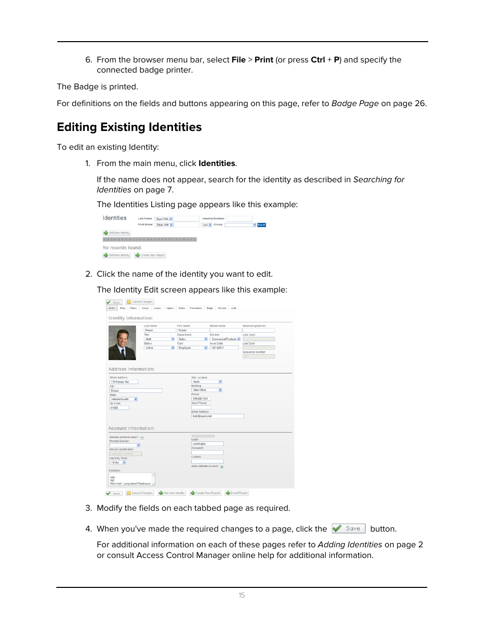 Editing existing identities | Avigilon Access Control Manager - Identity Enrollment and Credentialing User Manual | Page 19 / 60