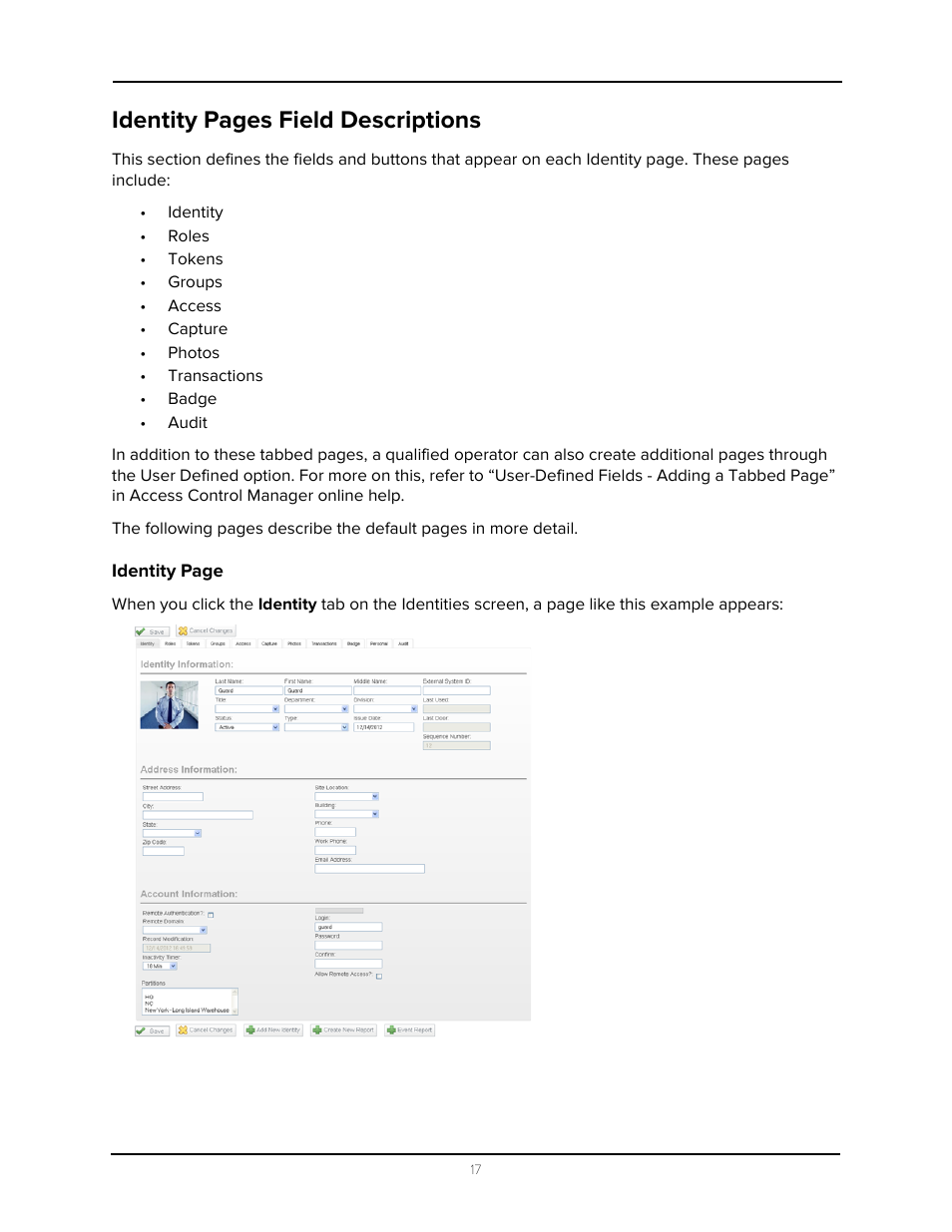 Identity pages field descriptions | Avigilon Access Control Manager - Identity Enrollment and Credentialing User Manual | Page 21 / 60