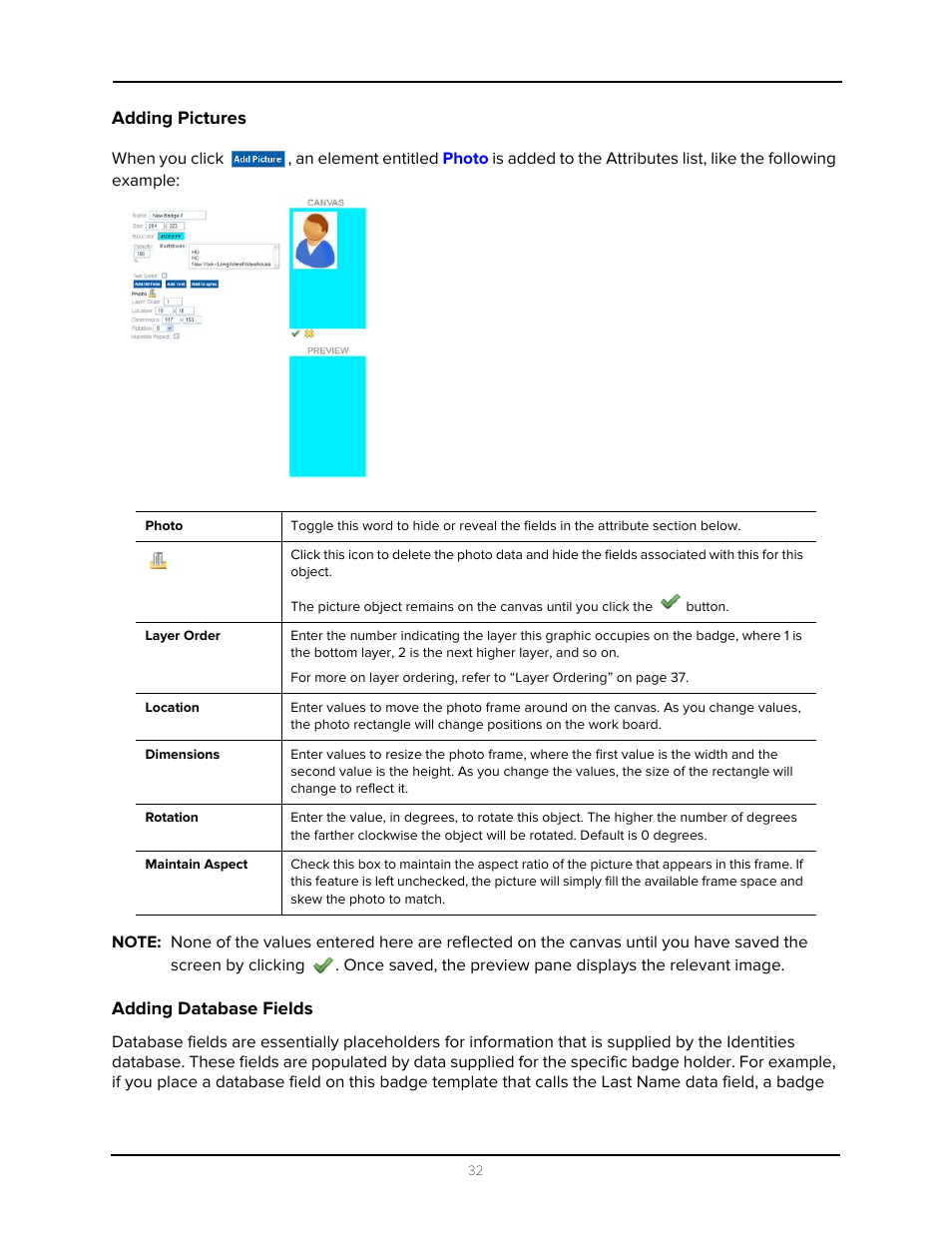 Adding pictures, Adding database fields, Adding pictures adding database fields | Avigilon Access Control Manager - Identity Enrollment and Credentialing User Manual | Page 36 / 60