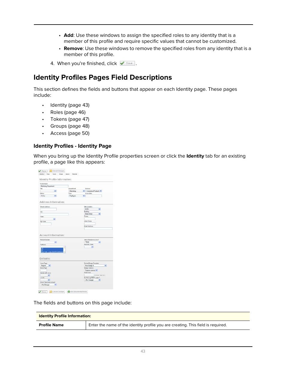 Identity profiles pages field descriptions | Avigilon Access Control Manager - Identity Enrollment and Credentialing User Manual | Page 47 / 60