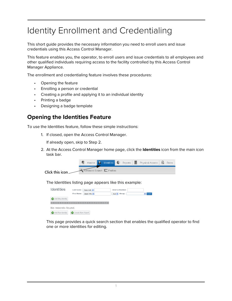 Identity enrollment and credentialing, Opening the identities feature | Avigilon Access Control Manager - Identity Enrollment and Credentialing User Manual | Page 5 / 60