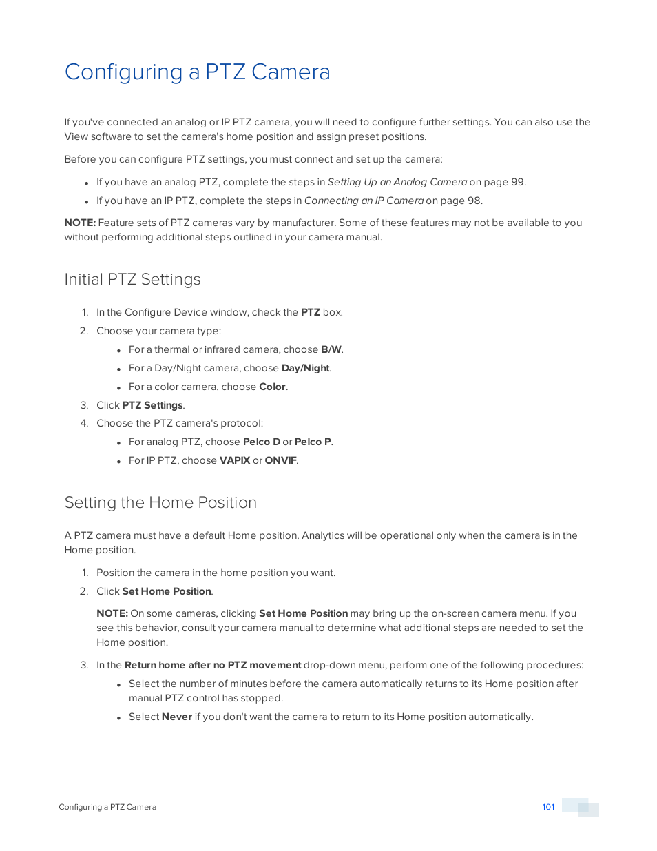 Configuring a ptz camera, Initial ptz settings, Setting the home position | Avigilon View User Manual | Page 101 / 127