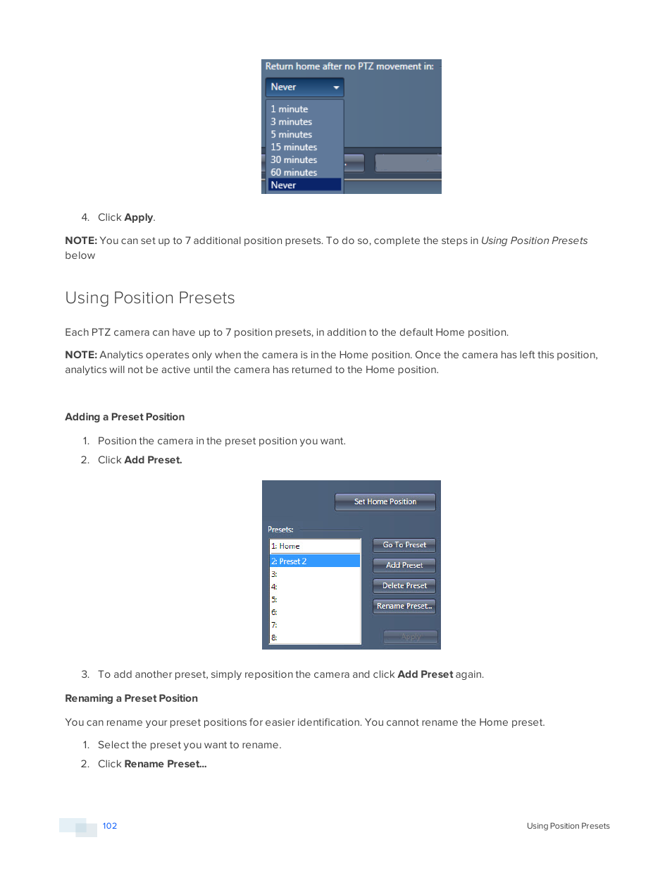 Using position presets, Adding a preset position, Renaming a preset position | Avigilon View User Manual | Page 102 / 127