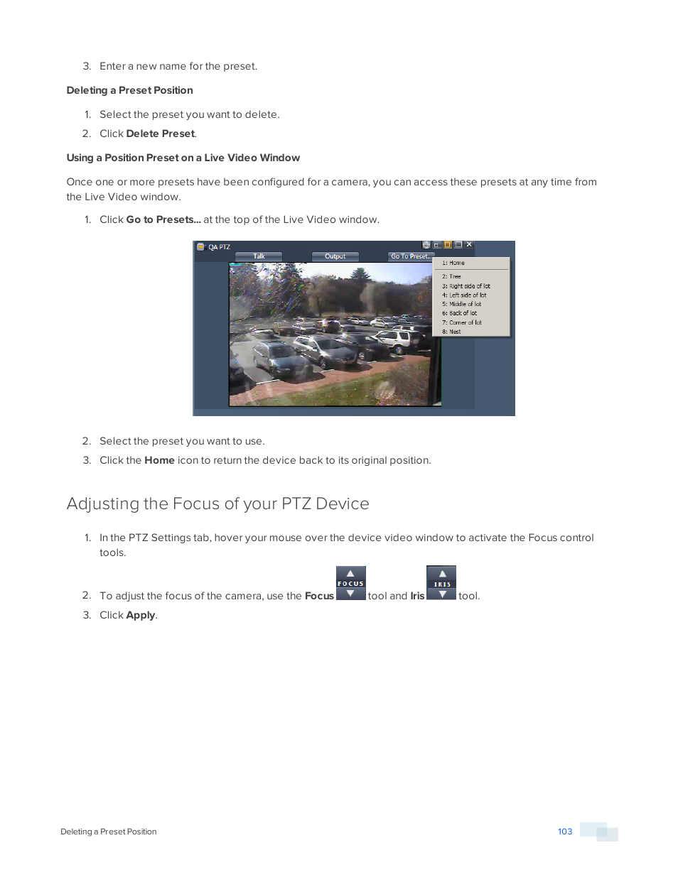 Deleting a preset position, Using a position preset on a live video window, Adjusting the focus of your ptz device | Avigilon View User Manual | Page 103 / 127