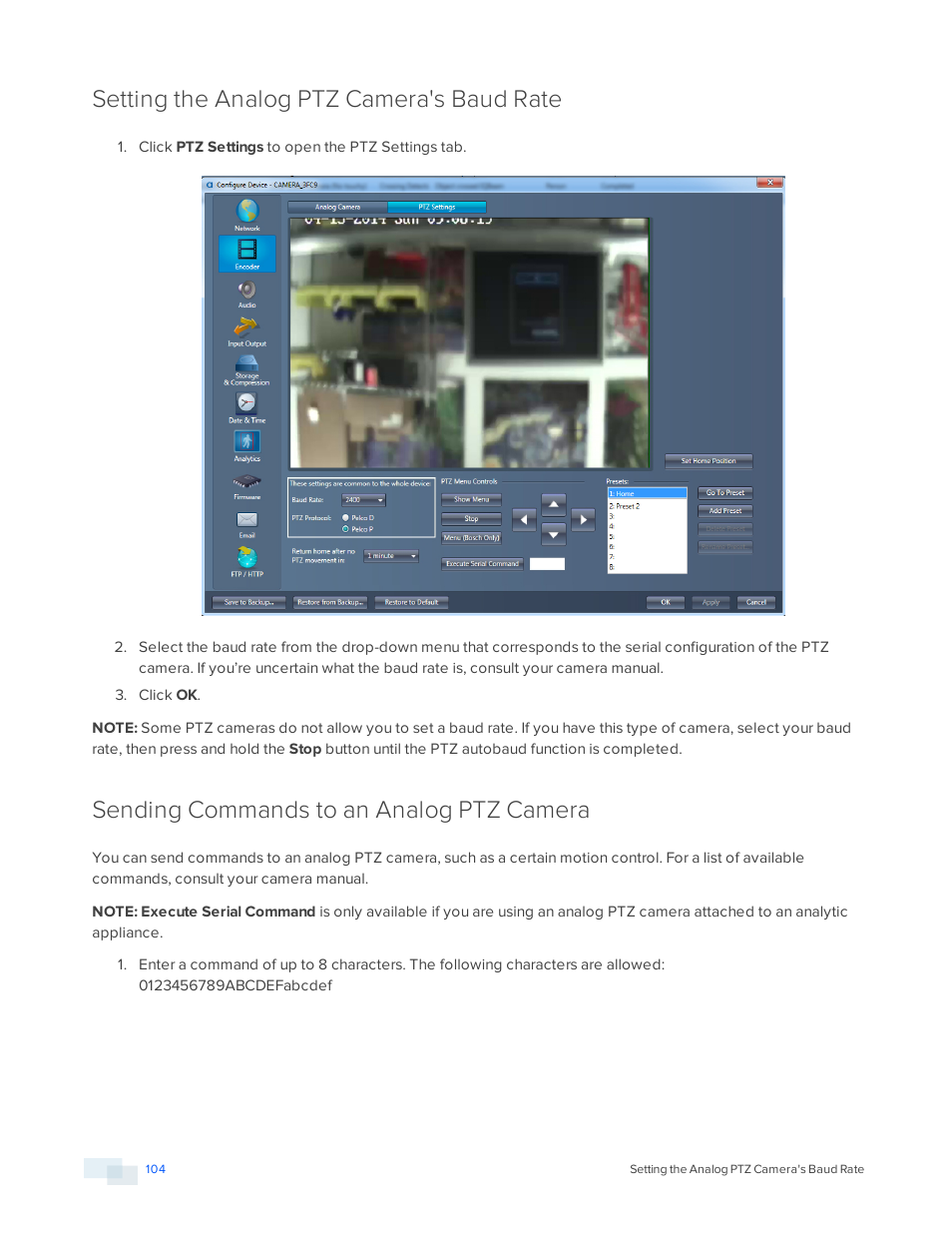 Setting the analog ptz camera's baud rate, Sending commands to an analog ptz camera | Avigilon View User Manual | Page 104 / 127