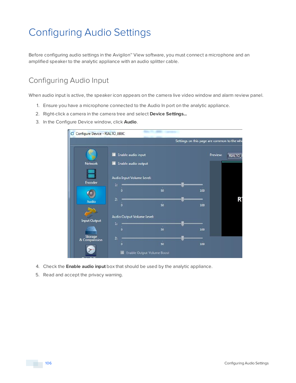 Configuring audio settings, Configuring audio input | Avigilon View User Manual | Page 106 / 127