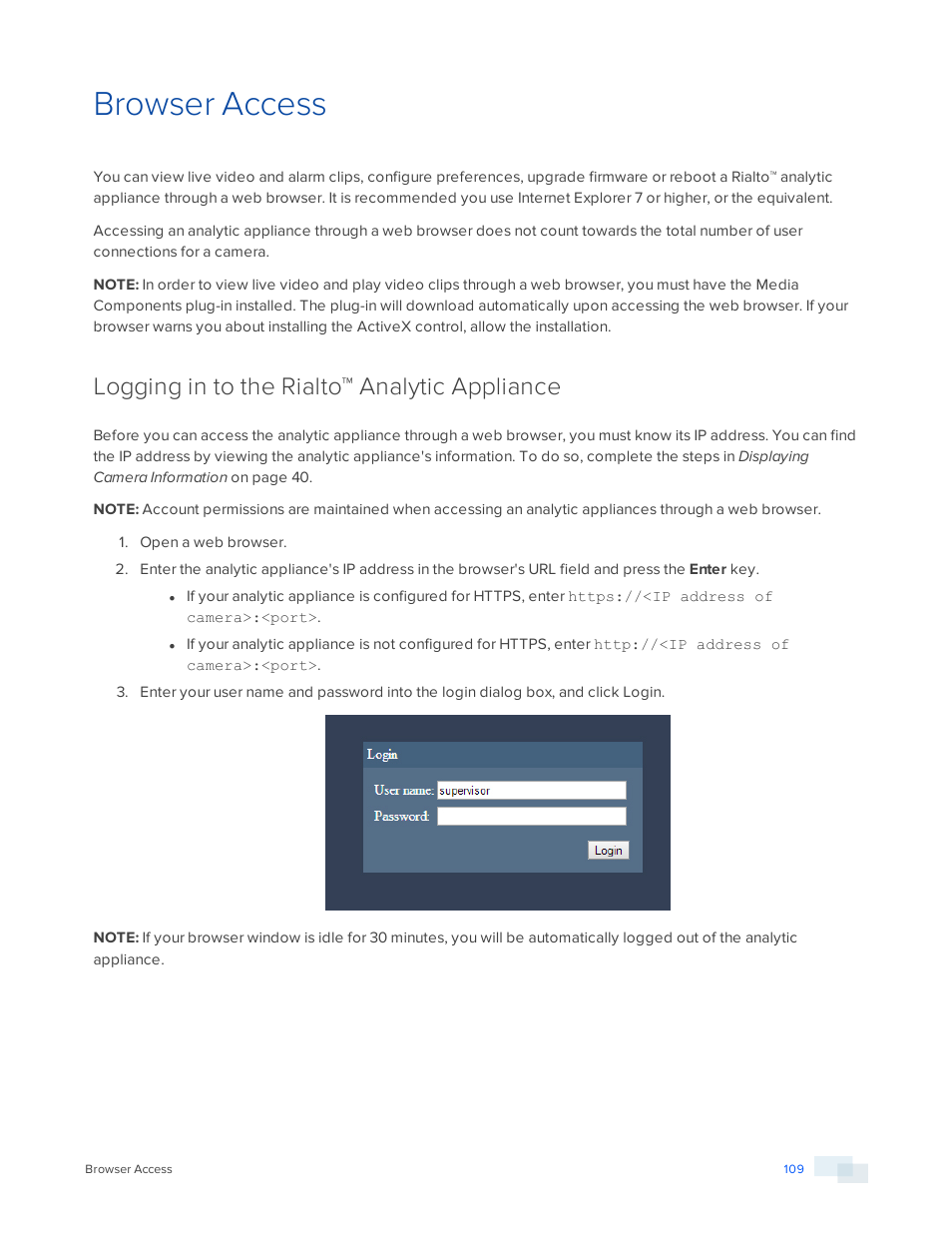 Browser access, Logging in to the rialto™ analytic appliance | Avigilon View User Manual | Page 109 / 127