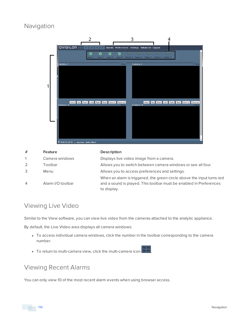 Navigation, Viewing live video, Viewing recent alarms | Avigilon View User Manual | Page 110 / 127