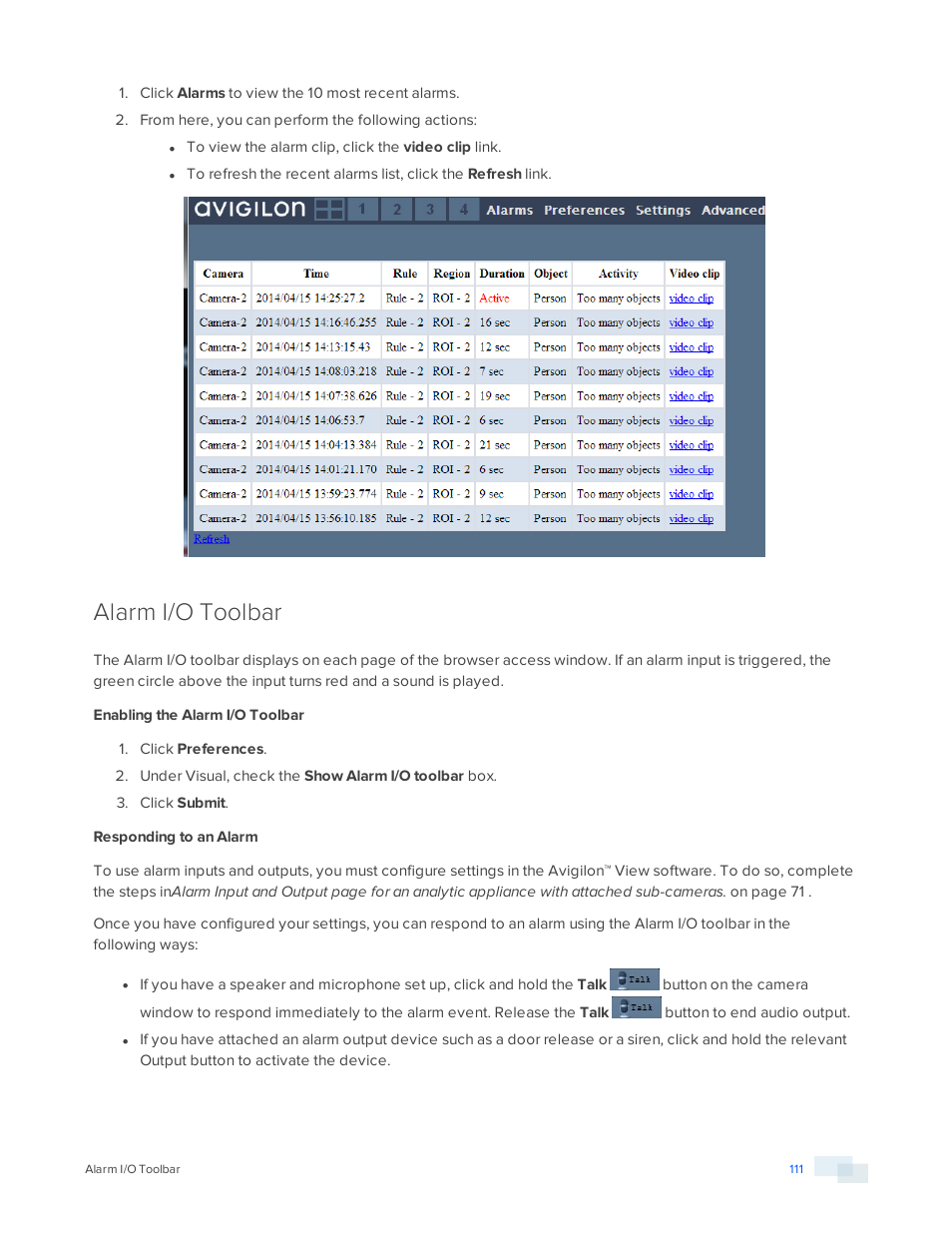 Alarm i/o toolbar, Enabling the alarm i/o toolbar, Responding to an alarm | Avigilon View User Manual | Page 111 / 127