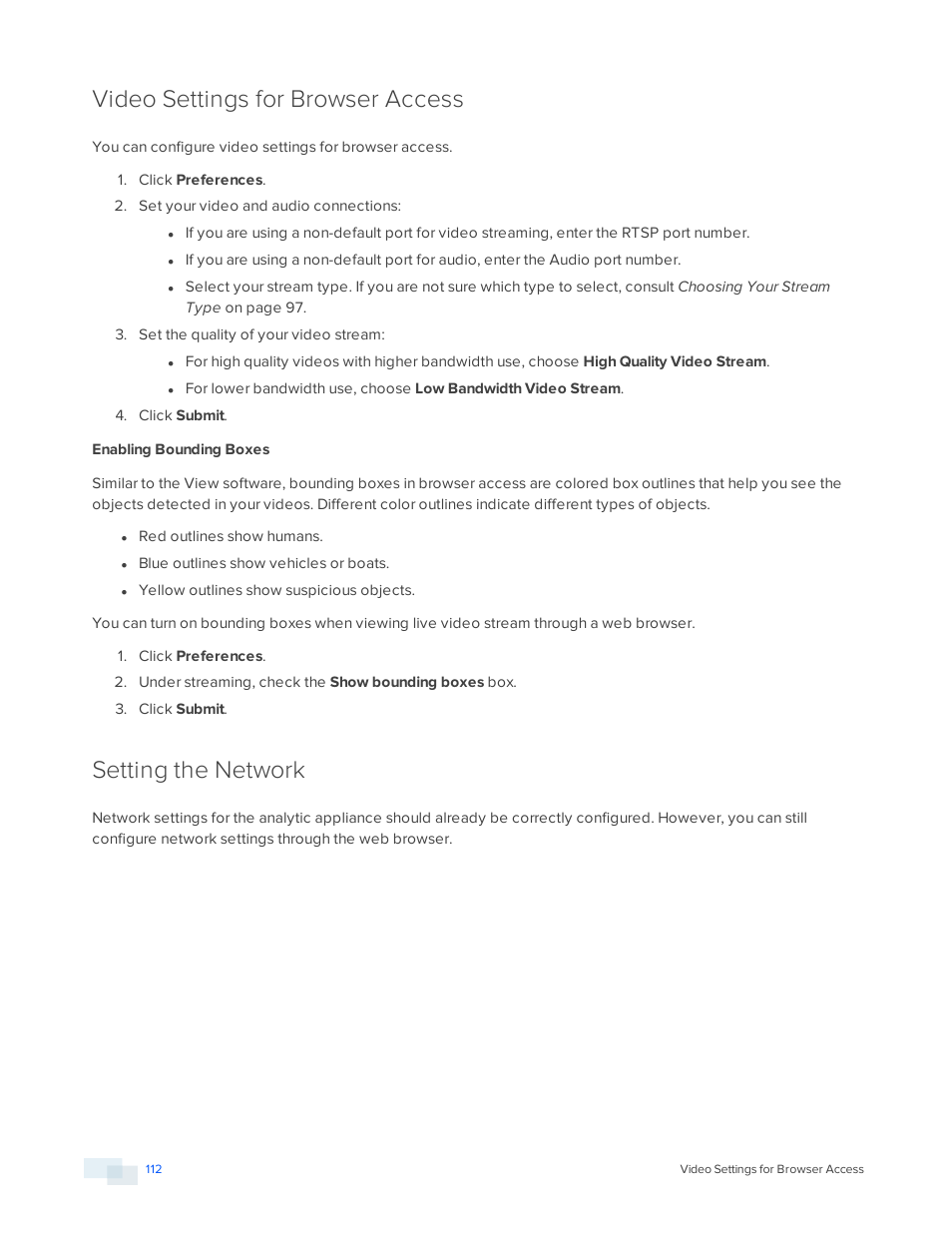 Video settings for browser access, Enabling bounding boxes, Setting the network | Avigilon View User Manual | Page 112 / 127