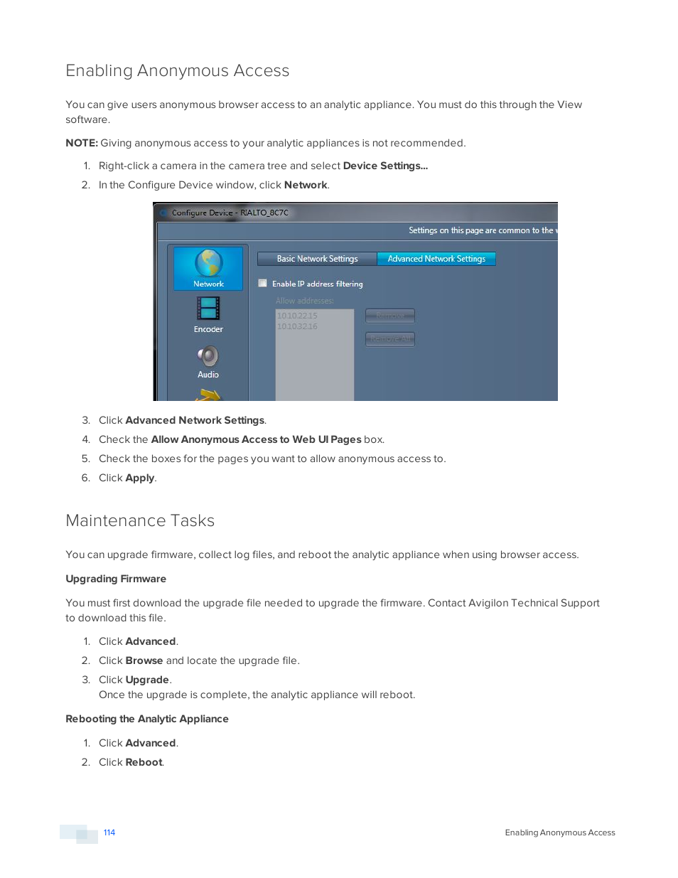 Enabling anonymous access, Maintenance tasks, Upgrading firmware | Rebooting the analytic appliance | Avigilon View User Manual | Page 114 / 127