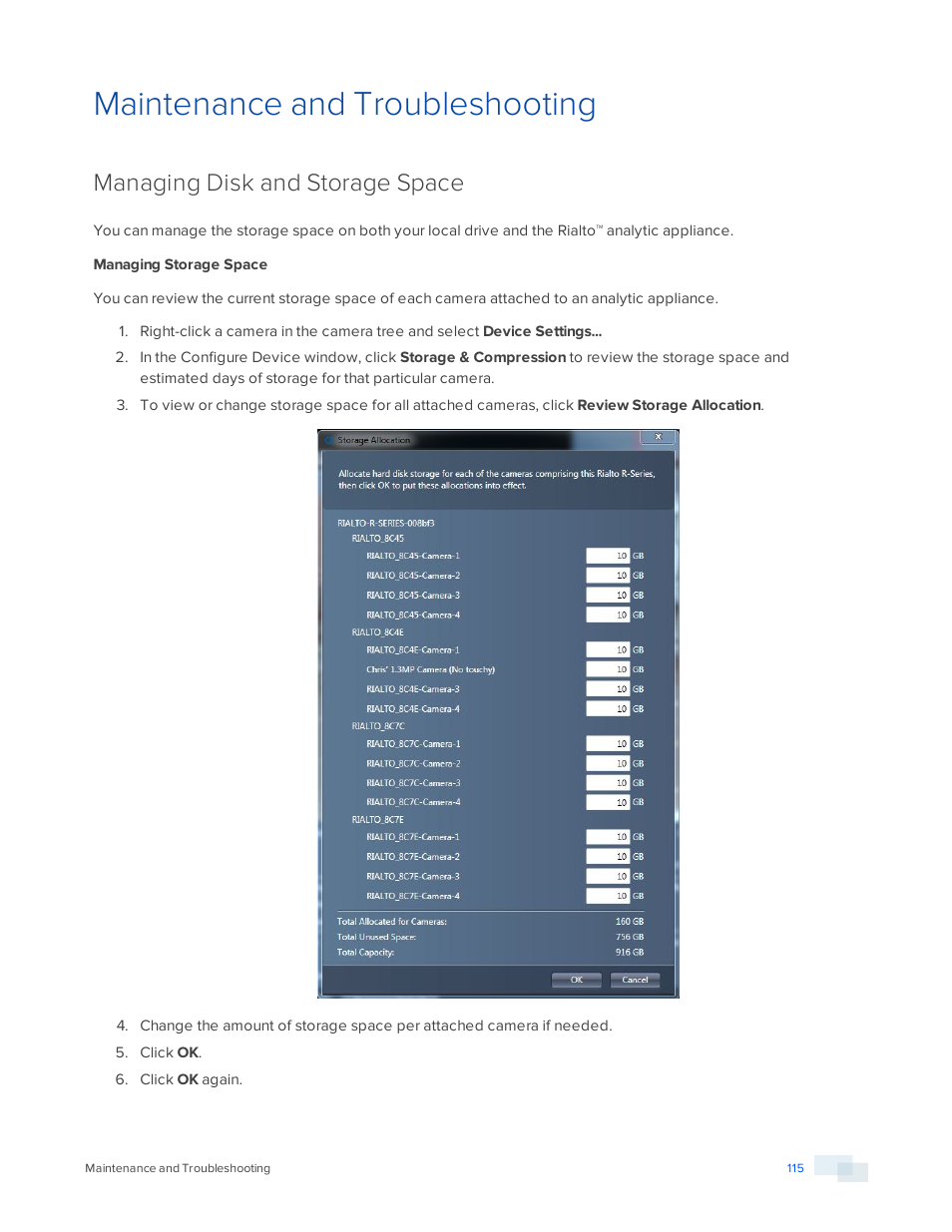 Maintenance and troubleshooting, Managing disk and storage space, Managing storage space | Avigilon View User Manual | Page 115 / 127