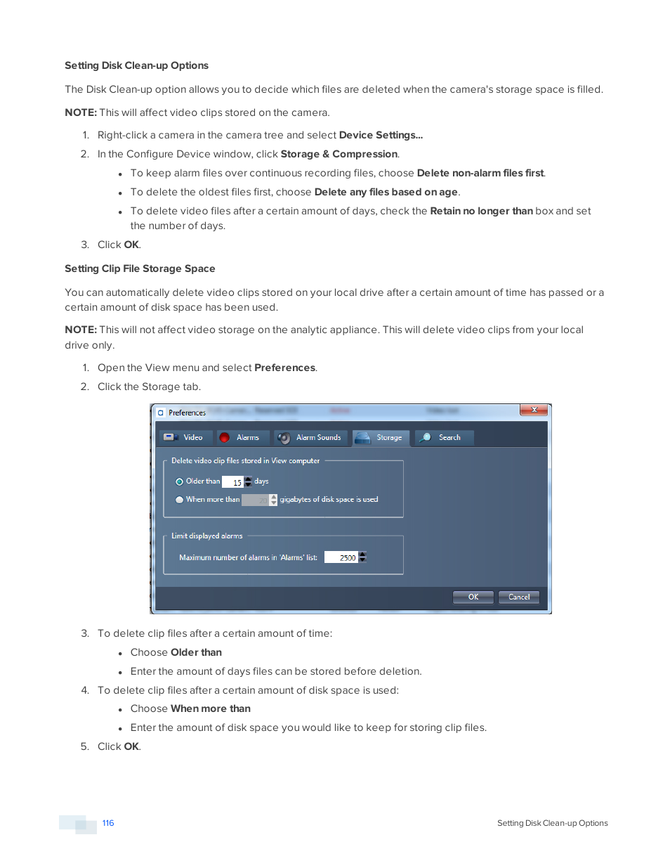 Setting disk clean-up options, Setting clip file storage space | Avigilon View User Manual | Page 116 / 127