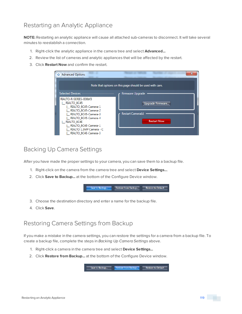 Restarting an analytic appliance, Backing up camera settings, Restoring camera settings from backup | Avigilon View User Manual | Page 119 / 127