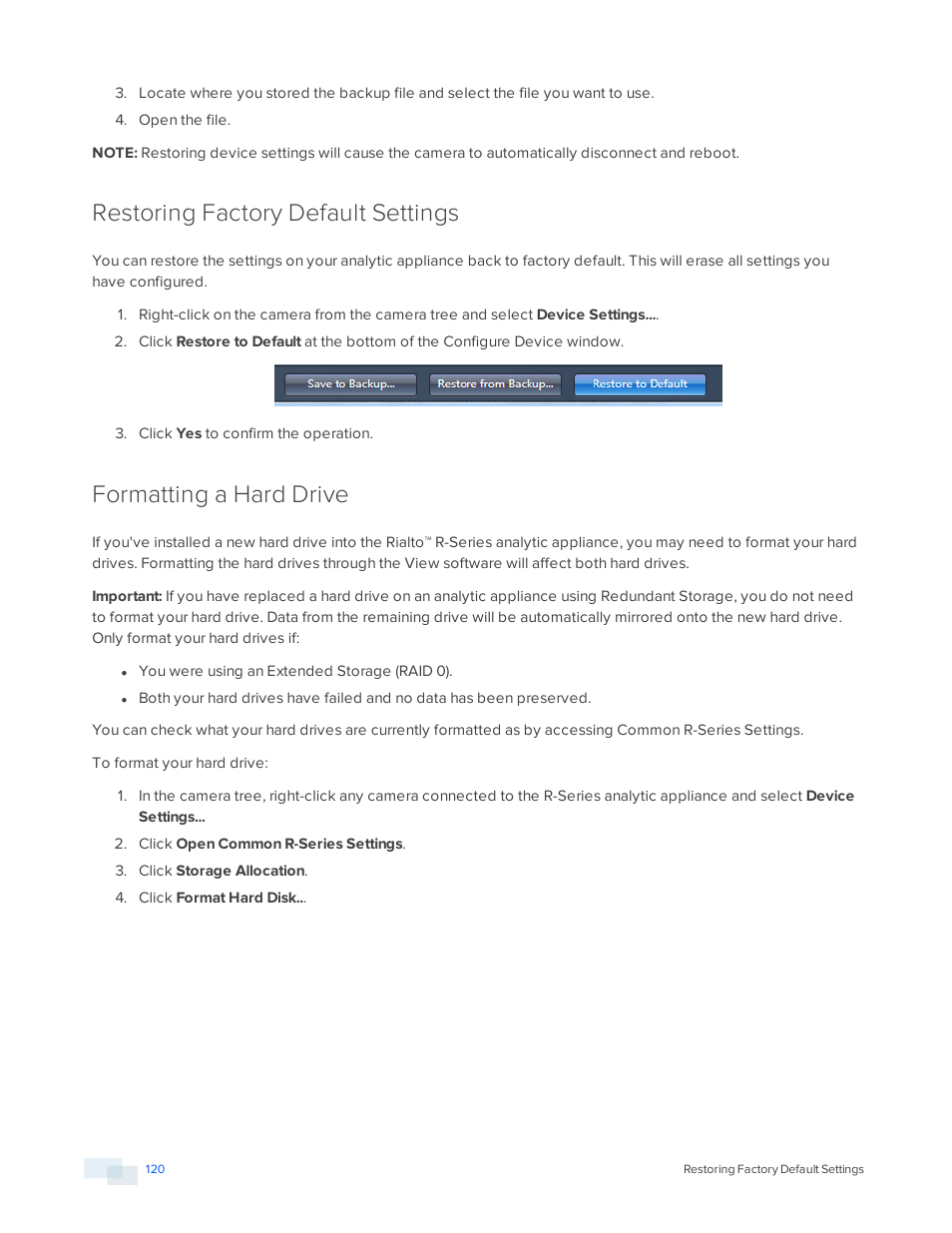 Restoring factory default settings, Formatting a hard drive | Avigilon View User Manual | Page 120 / 127