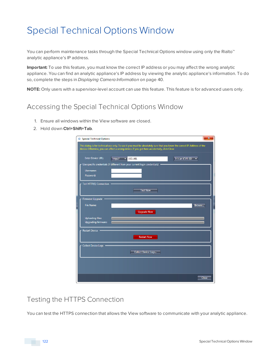 Special technical options window, Accessing the special technical options window, Testing the https connection | Avigilon View User Manual | Page 122 / 127