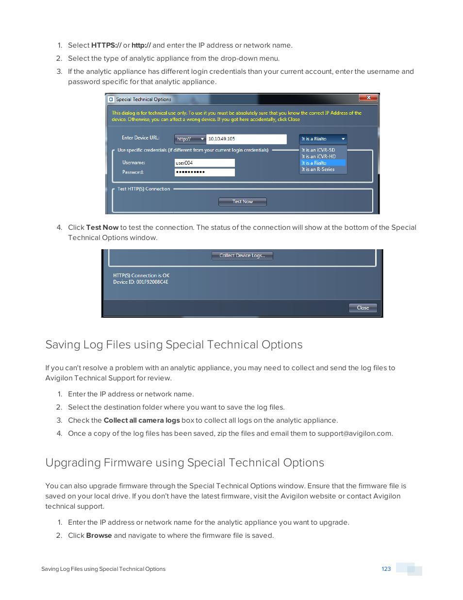 Saving log files using special technical options, Upgrading firmware using special technical options | Avigilon View User Manual | Page 123 / 127