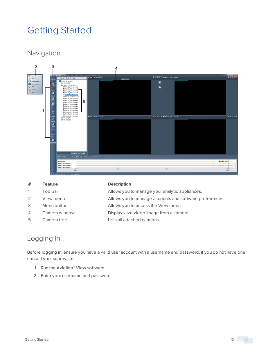 Getting started, Navigation, Logging in | Avigilon View User Manual | Page 13 / 127