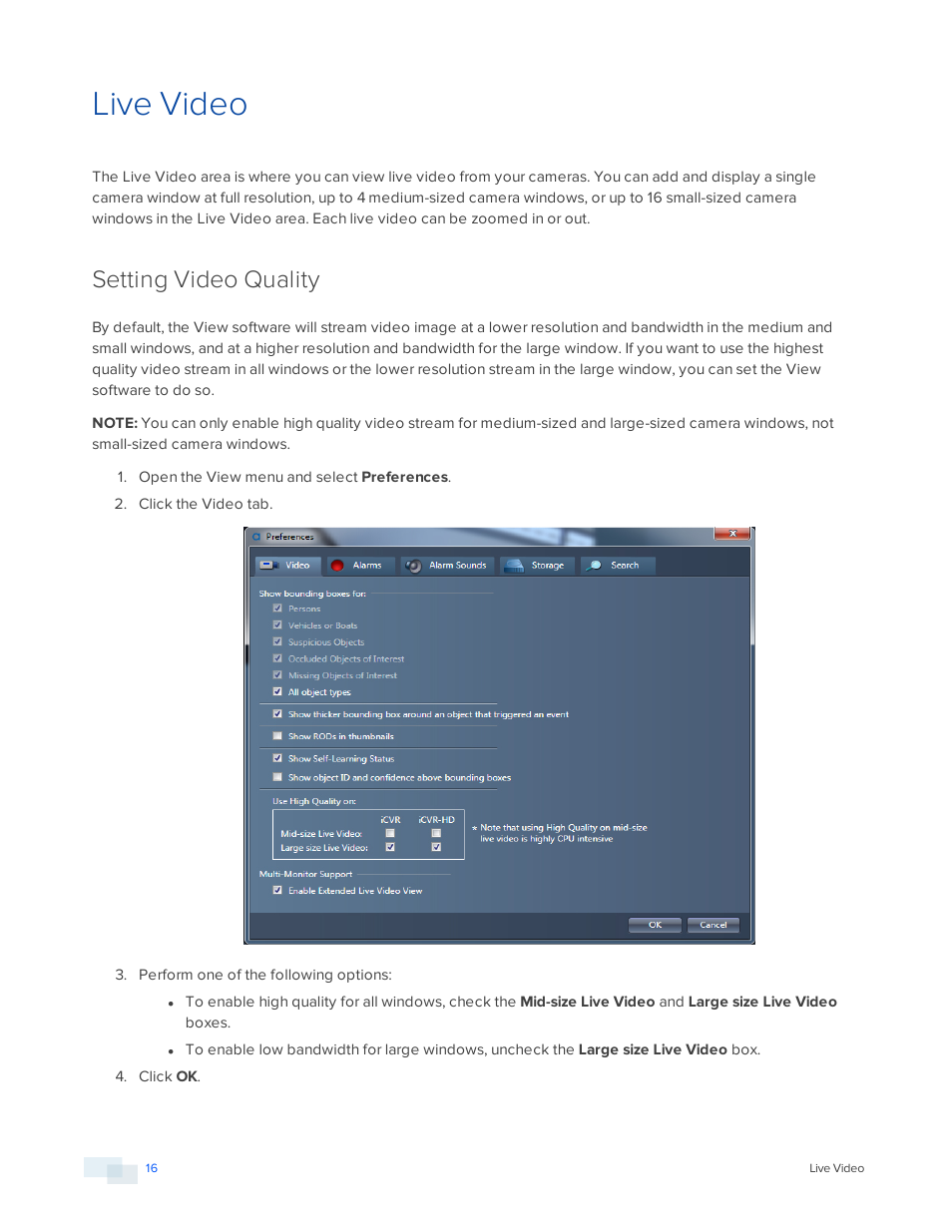 Live video, Setting video quality | Avigilon View User Manual | Page 16 / 127