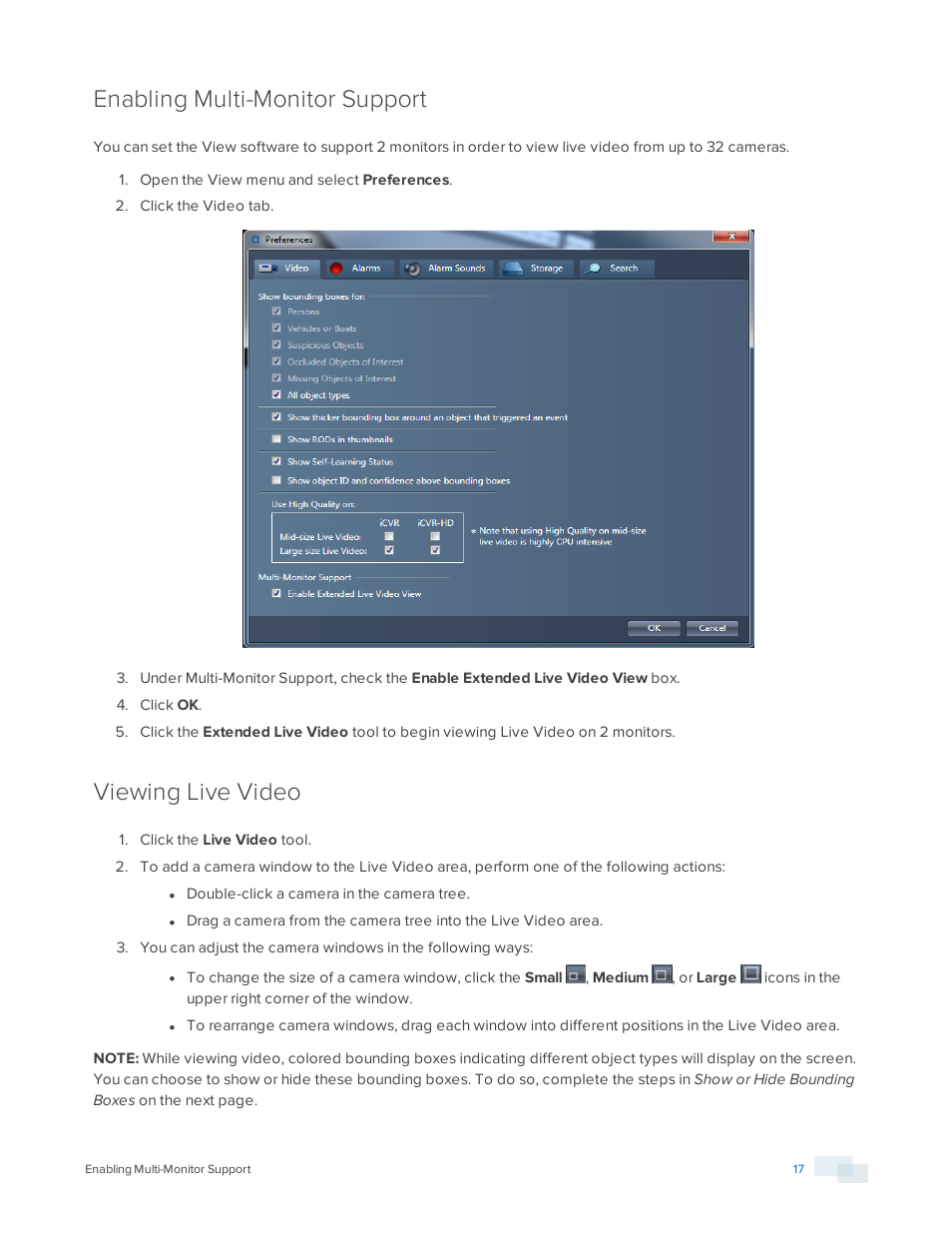 Enabling multi-monitor support, Viewing live video | Avigilon View User Manual | Page 17 / 127