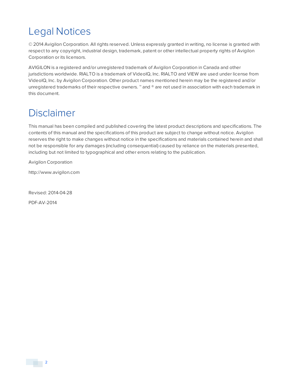 Legal notices, Disclaimer | Avigilon View User Manual | Page 2 / 127