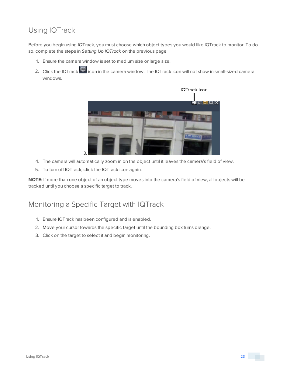 Using iqtrack, Monitoring a specific target with iqtrack | Avigilon View User Manual | Page 23 / 127