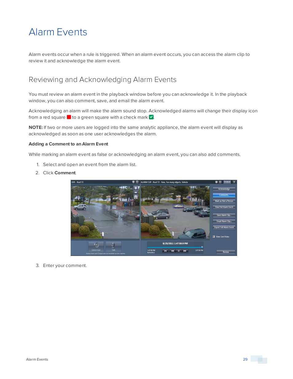 Alarm events, Reviewing and acknowledging alarm events, Adding a comment to an alarm event | Avigilon View User Manual | Page 29 / 127