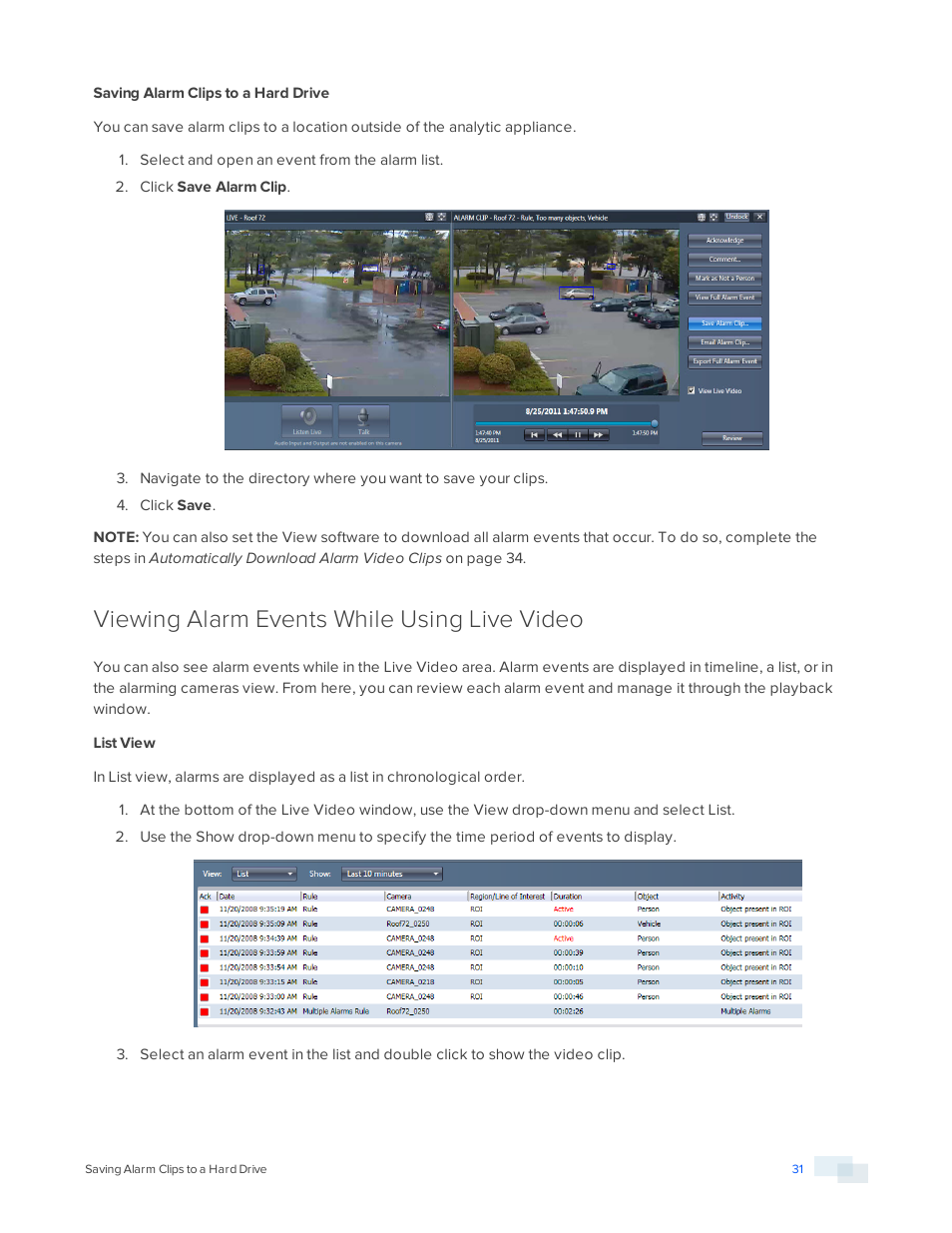 Saving alarm clips to a hard drive, Viewing alarm events while using live video, List view | Avigilon View User Manual | Page 31 / 127