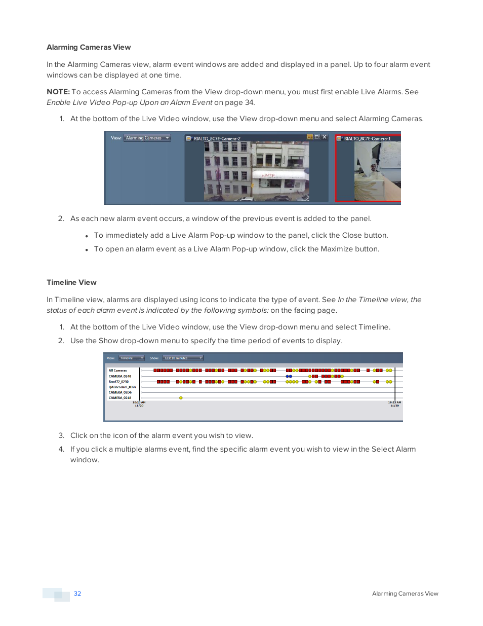 Alarming cameras view, Timeline view | Avigilon View User Manual | Page 32 / 127