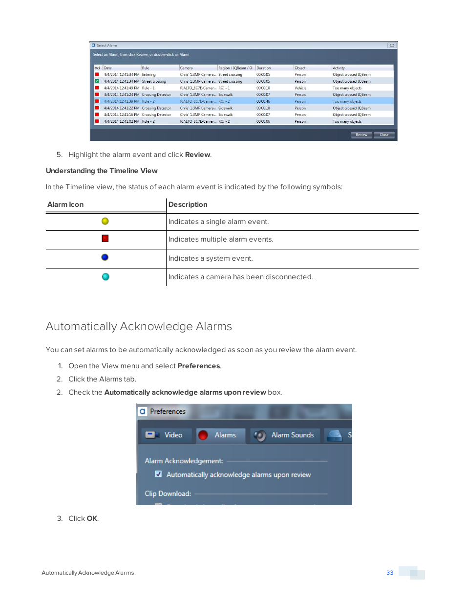 Automatically acknowledge alarms | Avigilon View User Manual | Page 33 / 127