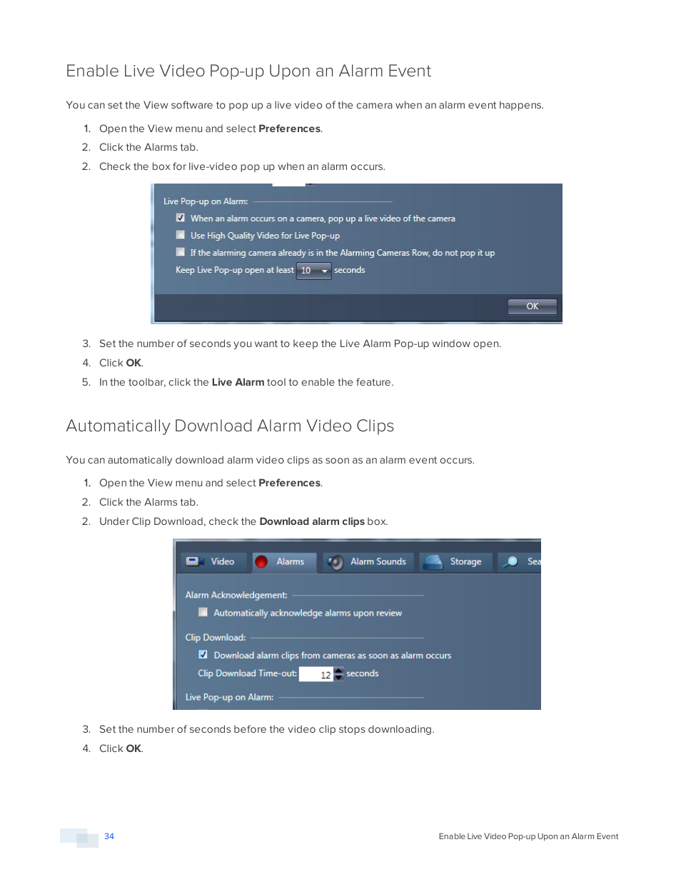 Enable live video pop-up upon an alarm event, Automatically download alarm video clips | Avigilon View User Manual | Page 34 / 127