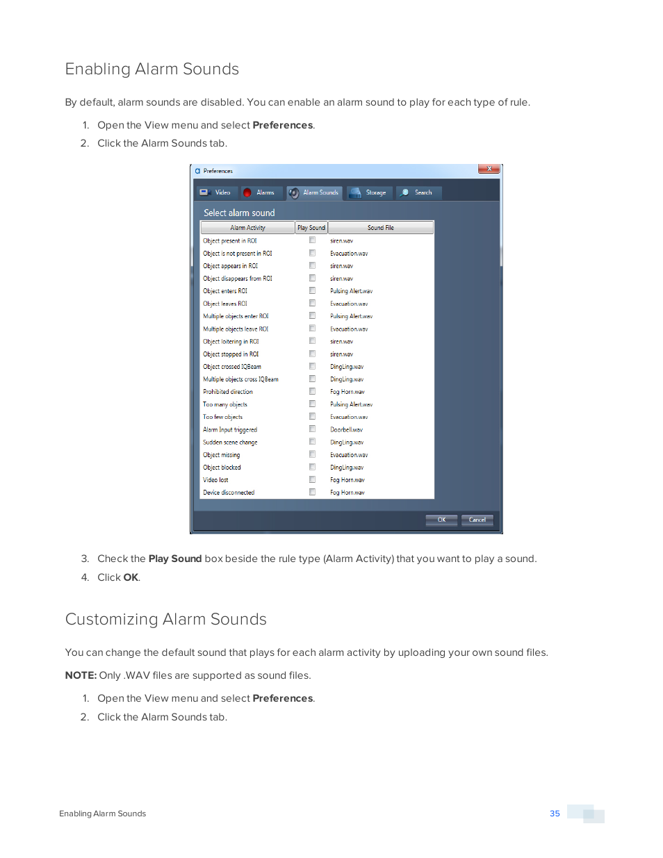 Enabling alarm sounds, Customizing alarm sounds | Avigilon View User Manual | Page 35 / 127