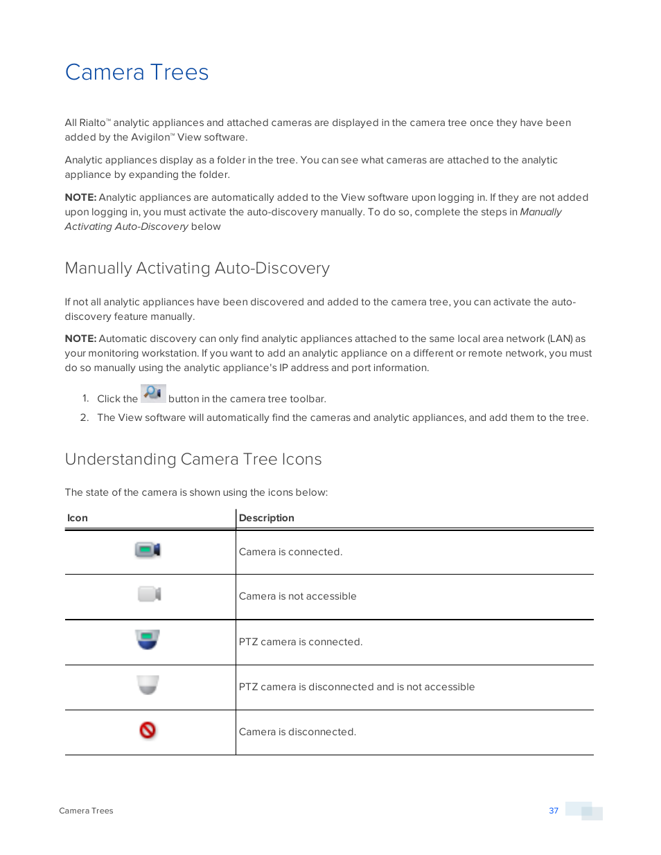 Camera trees, Manually activating auto-discovery, Understanding camera tree icons | Avigilon View User Manual | Page 37 / 127