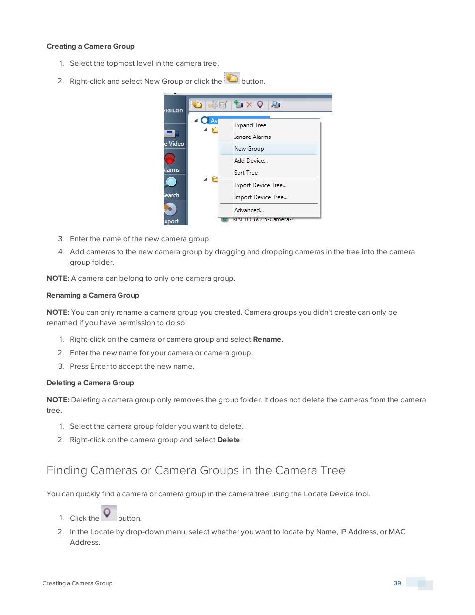 Creating a camera group, Renaming a camera group, Deleting a camera group | Avigilon View User Manual | Page 39 / 127