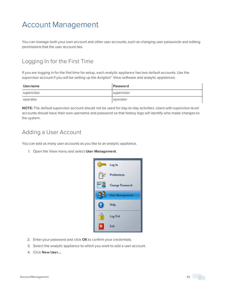 Account management, Logging in for the first time, Adding a user account | Avigilon View User Manual | Page 43 / 127