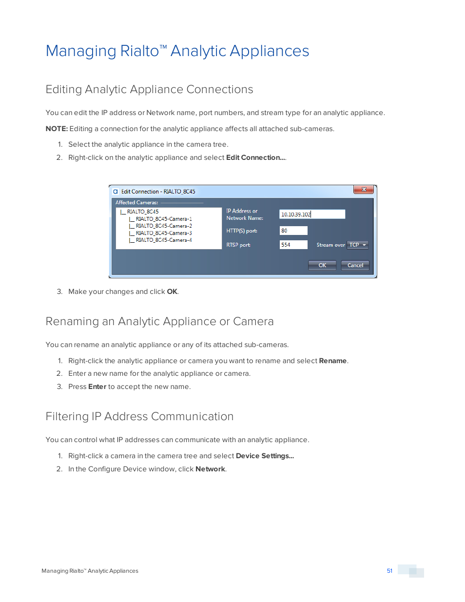 Managing rialto™ analytic appliances, Editing analytic appliance connections, Renaming an analytic appliance or camera | Filtering ip address communication | Avigilon View User Manual | Page 51 / 127