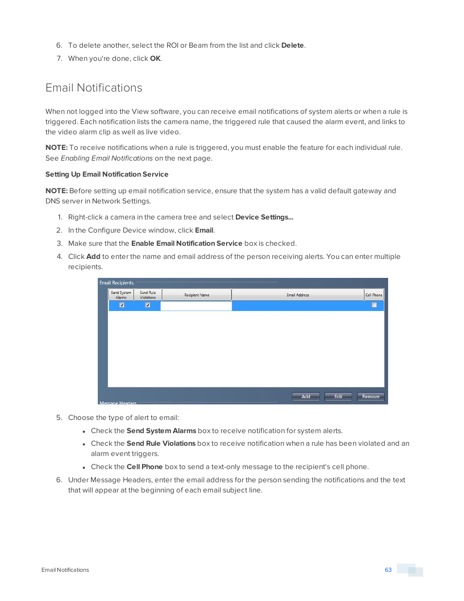 Email notifications, Setting up email notification service | Avigilon View User Manual | Page 63 / 127