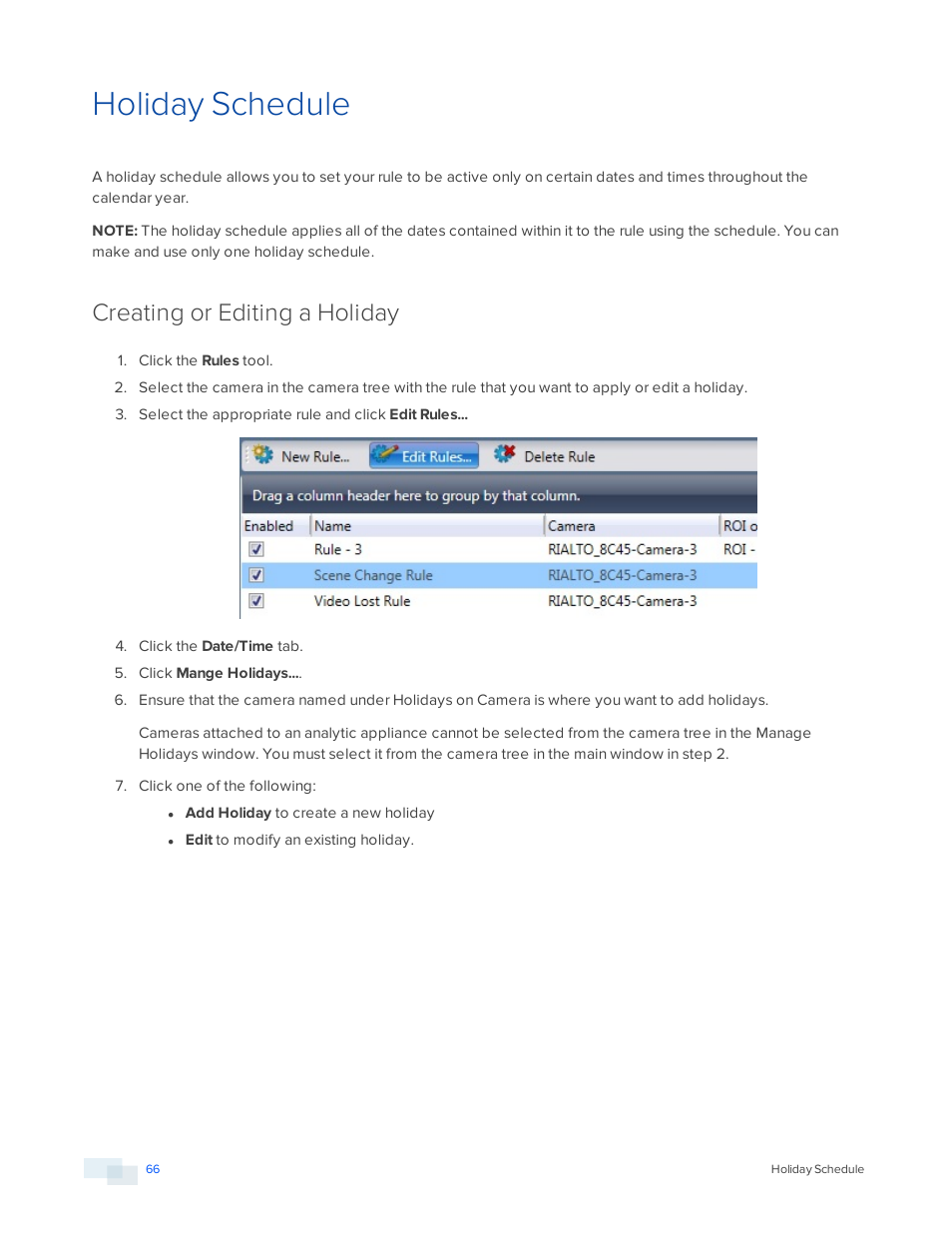 Holiday schedule, Creating or editing a holiday | Avigilon View User Manual | Page 66 / 127