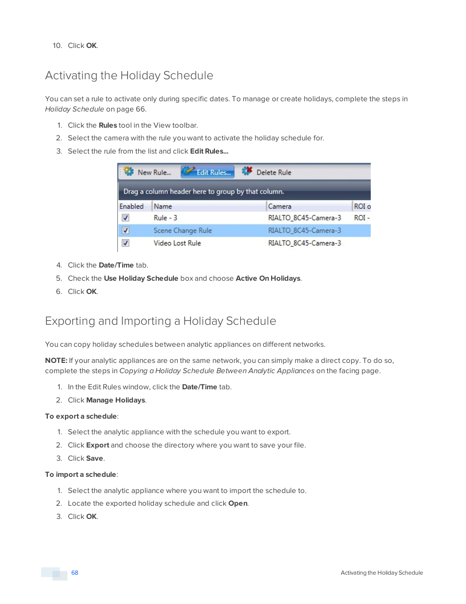 Activating the holiday schedule, Exporting and importing a holiday schedule | Avigilon View User Manual | Page 68 / 127