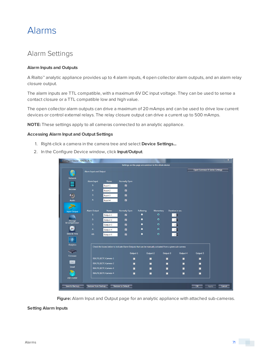 Alarms, Alarm settings, Alarm inputs and outputs | Avigilon View User Manual | Page 71 / 127