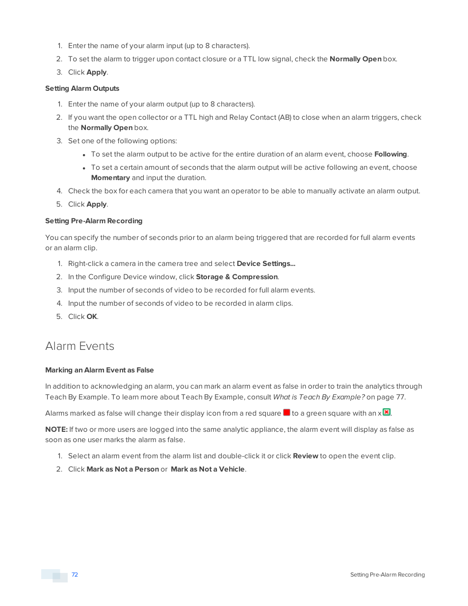 Setting pre-alarm recording, Alarm events, Marking an alarm event as false | Avigilon View User Manual | Page 72 / 127