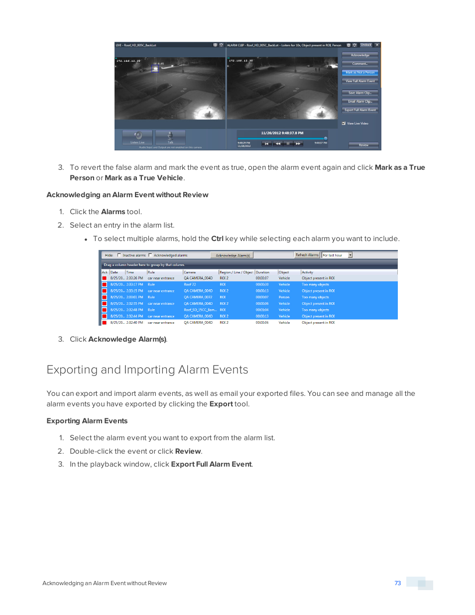 Acknowledging an alarm event without review, Exporting and importing alarm events, Exporting alarm events | Avigilon View User Manual | Page 73 / 127