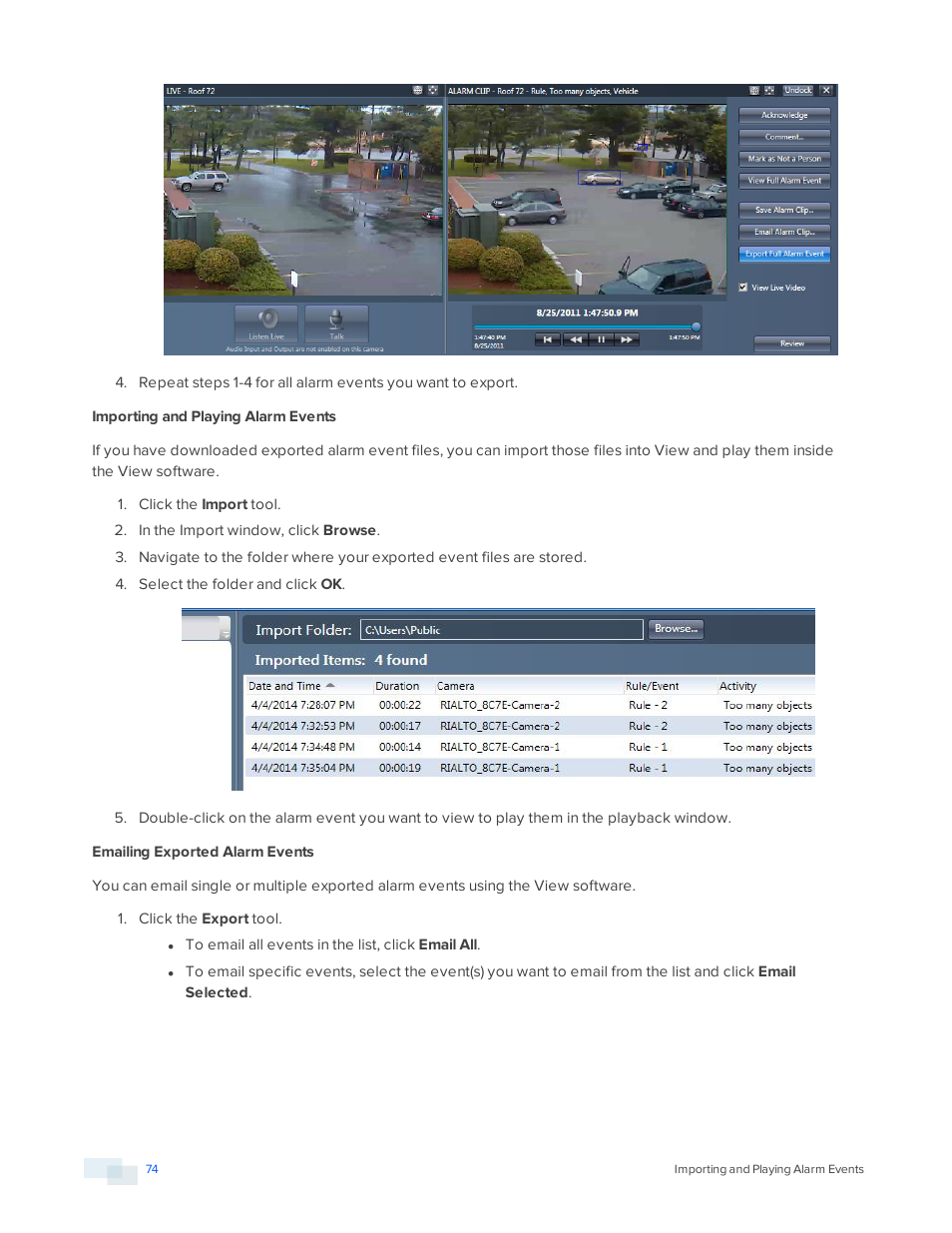 Importing and playing alarm events, Emailing exported alarm events | Avigilon View User Manual | Page 74 / 127