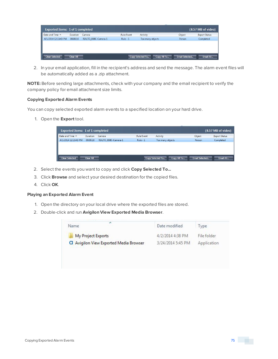 Copying exported alarm events, Playing an exported alarm event | Avigilon View User Manual | Page 75 / 127