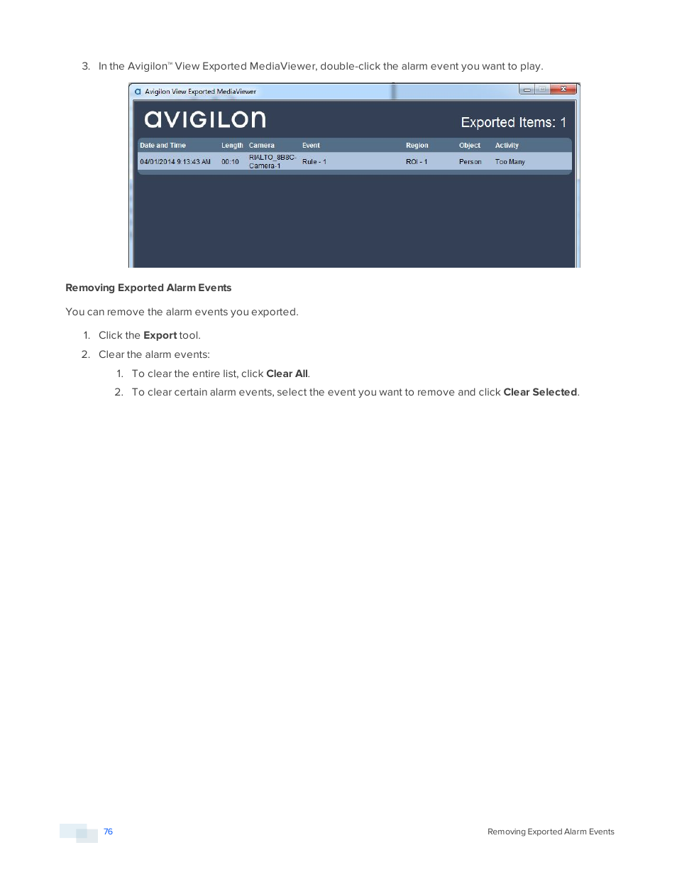 Removing exported alarm events | Avigilon View User Manual | Page 76 / 127