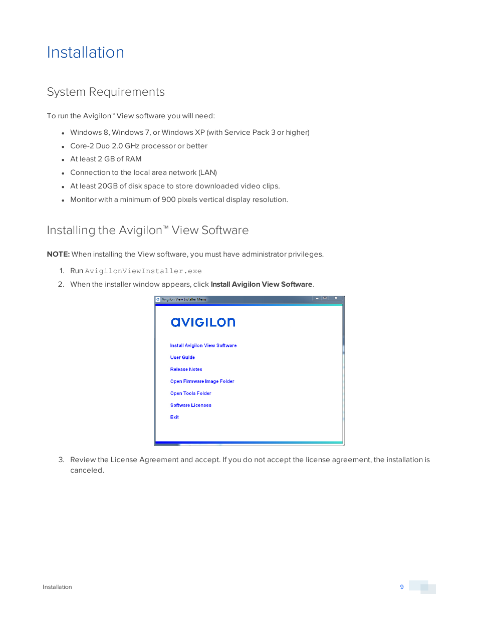 Installation, System requirements, Installing the avigilon™ view software | Avigilon View User Manual | Page 9 / 127